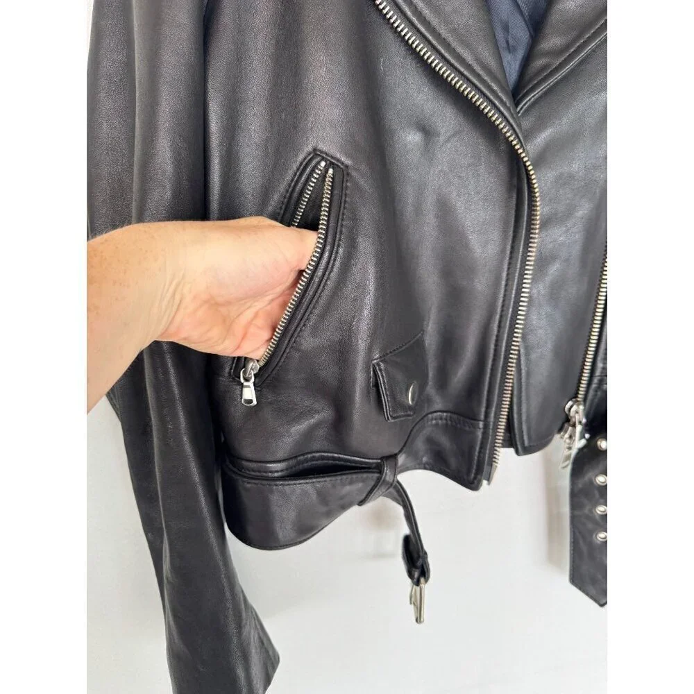 Topshop Black Genuine Leather Silver Hardware Relaxed Oversize Moto Jacket Sz 4